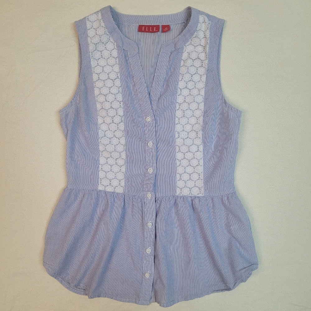 ELLE Blue Striped Sleeveless Peplum Top White Lace Panels 100% Cotton, Womens XS